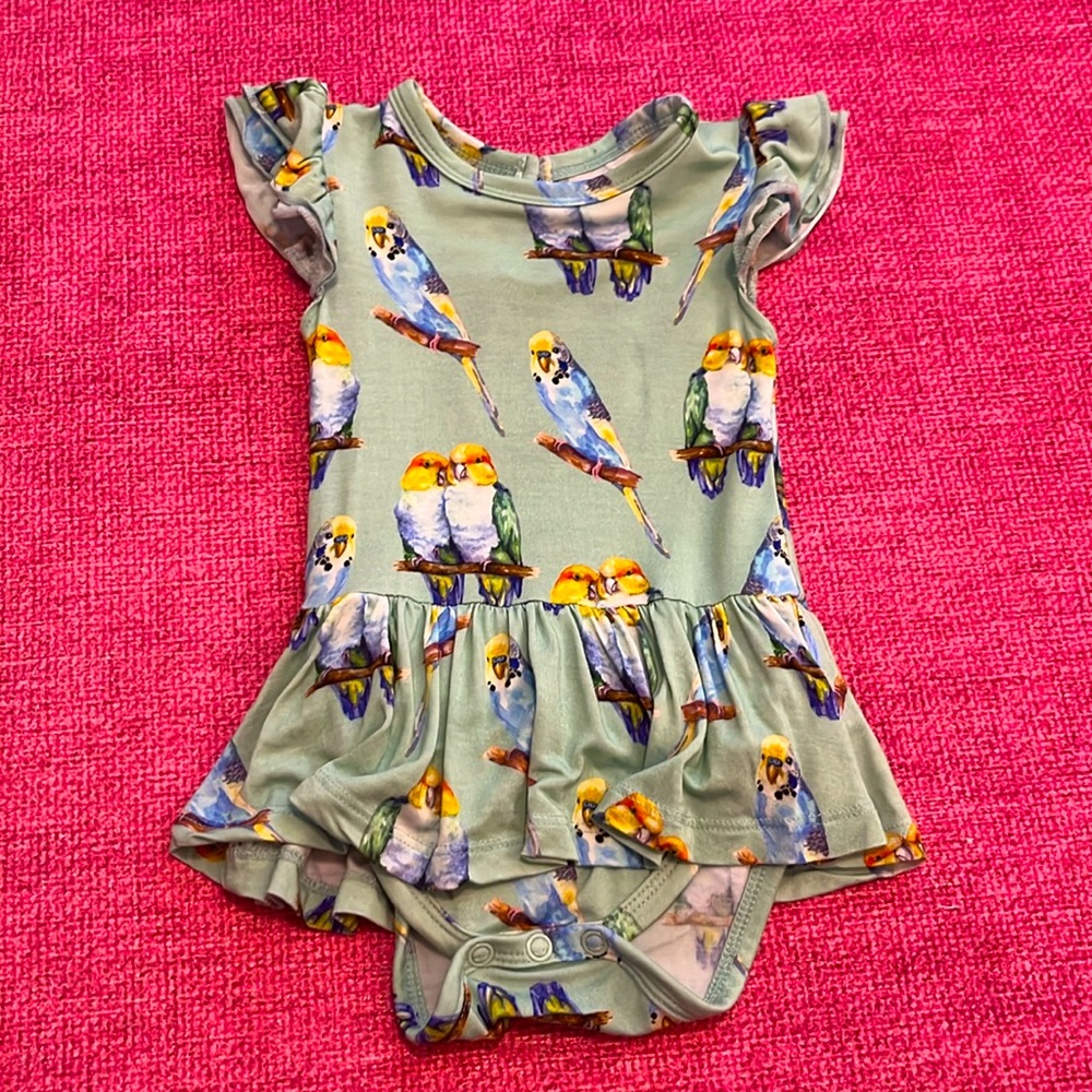 Bums and Roses Parakeet Skirted Onesie - Size 3-6 Mont…